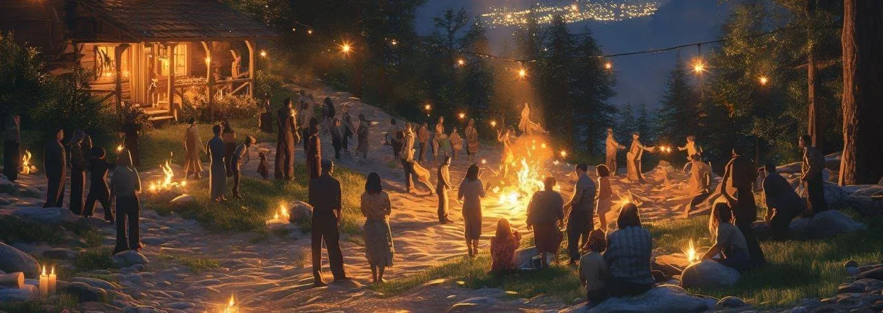 Campfire and string lights during an evening in the forest
