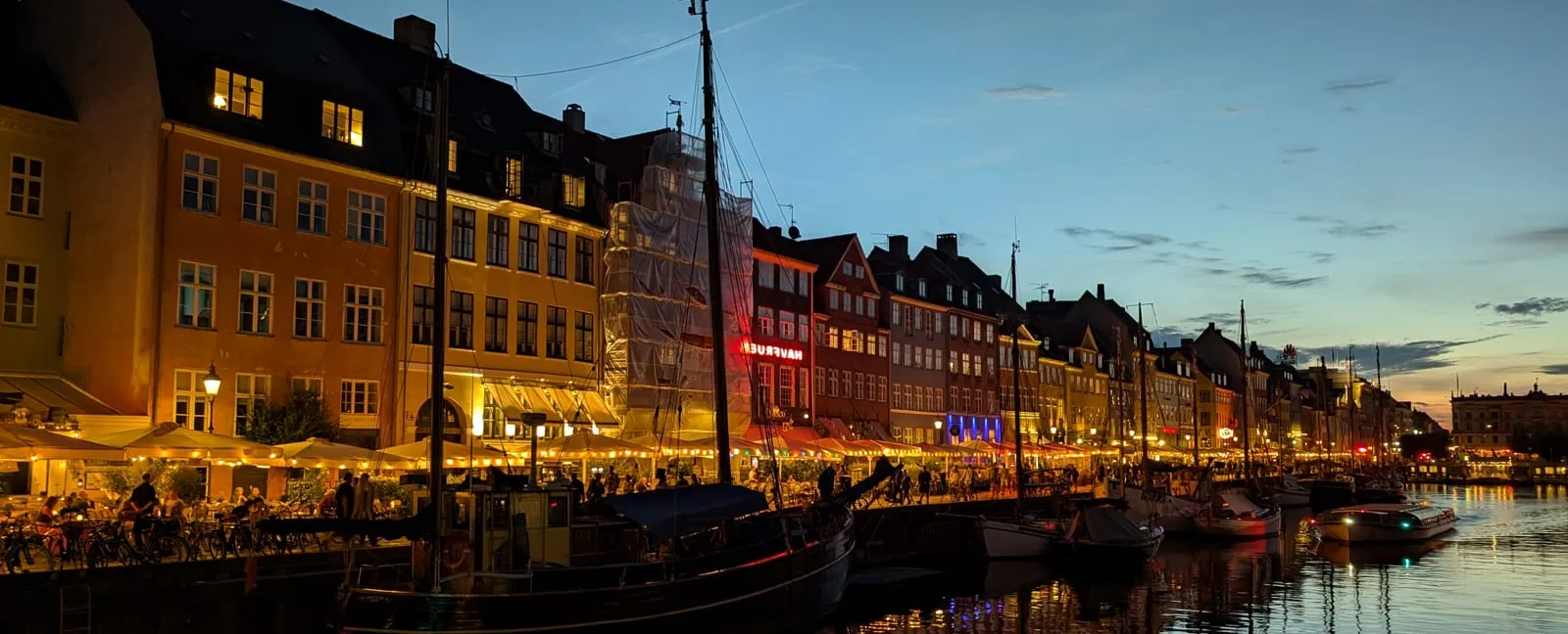 Nyhavn harbour in Copenhagen at dusk